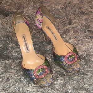 Manolo Blahnik Satin Open Toe Pumps sz 37.5